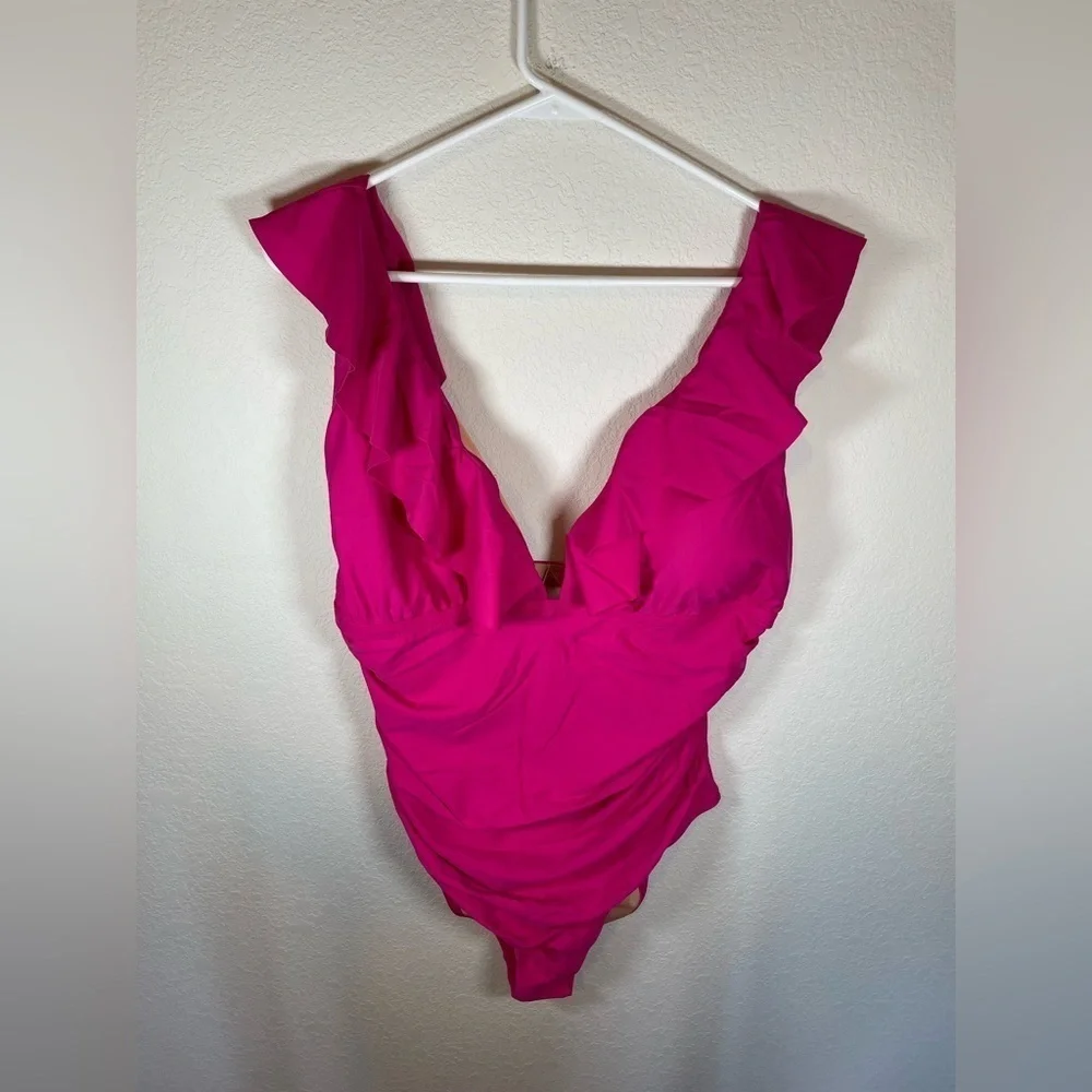 J.Crew fuchsia, pink ruffle ruched one piece swimsuit, size 18